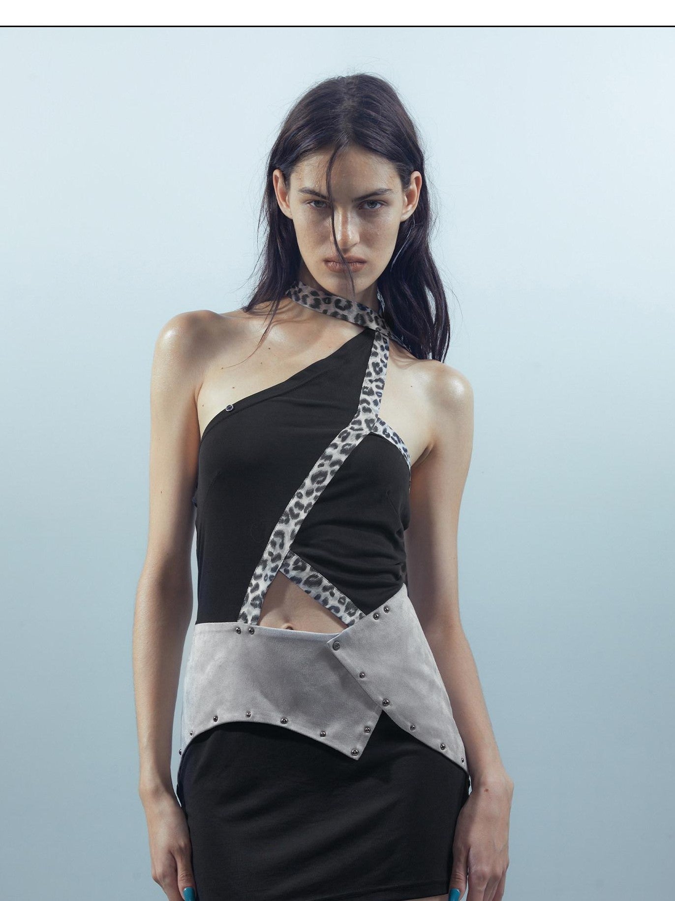 NORTH NODE Leopard Trim Spliced One Shoulder Women&
