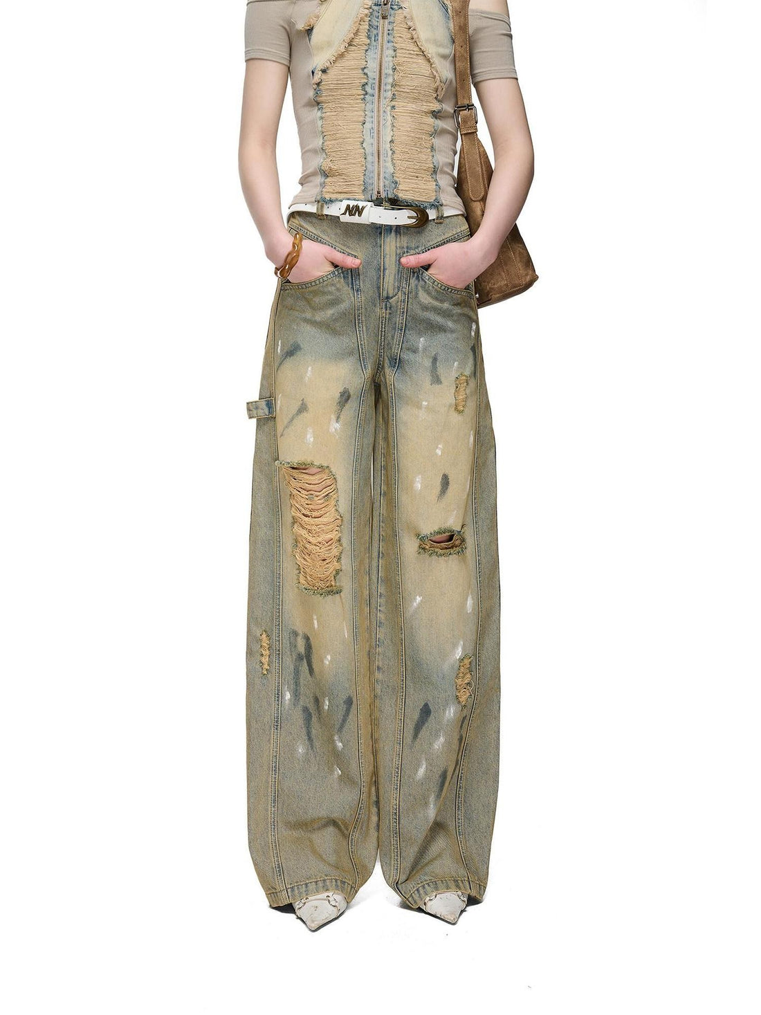 NORTH NODE Light Blue Washed Brushed Ripped Natural Waist Women&