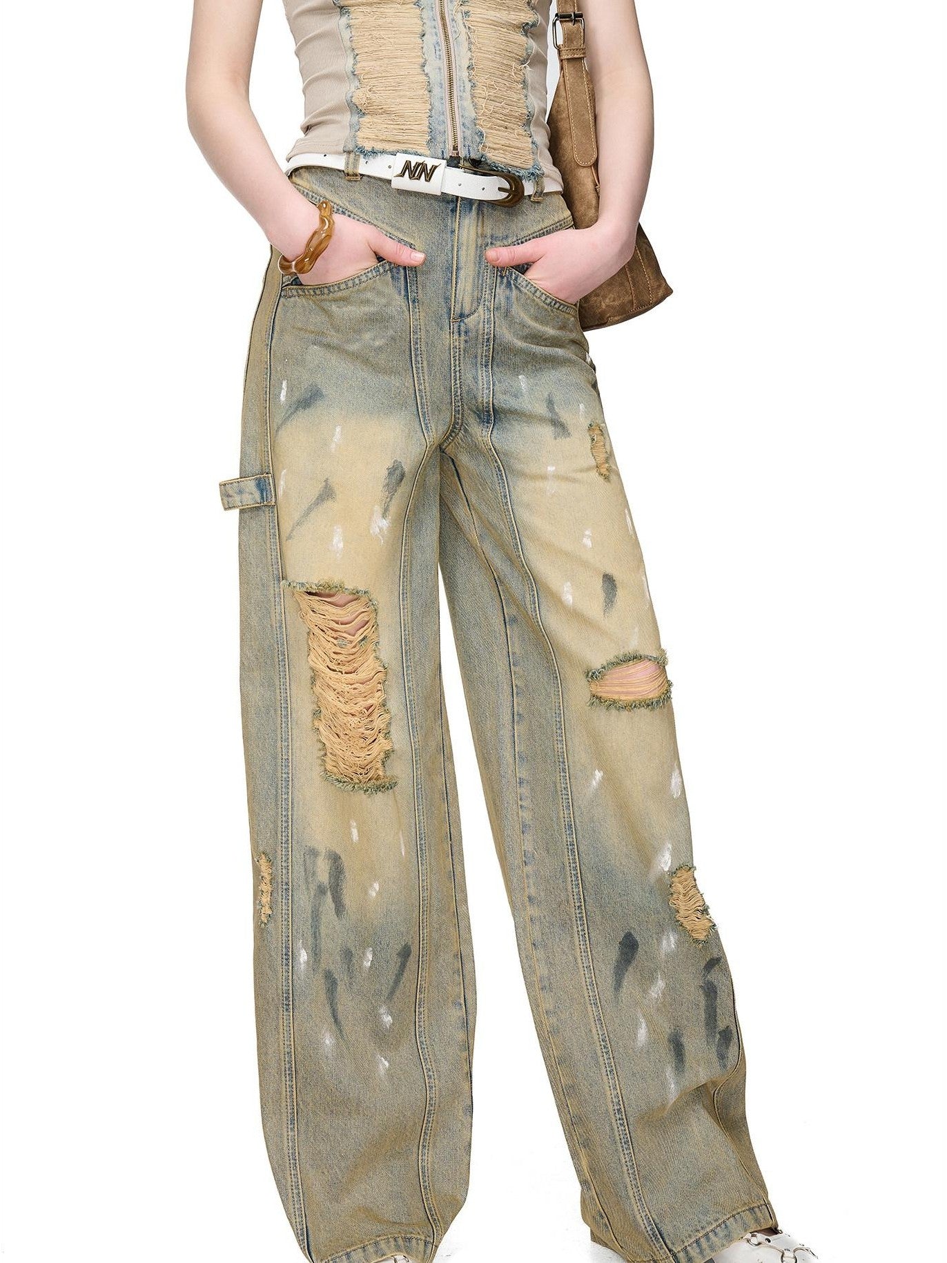 NORTH NODE Light Blue Washed Brushed Ripped Natural Waist Women&