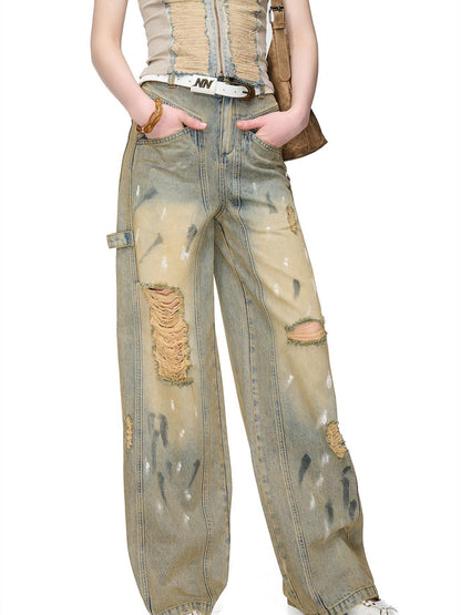 NORTH NODE Light Blue Washed Brushed Ripped Natural Waist Women&