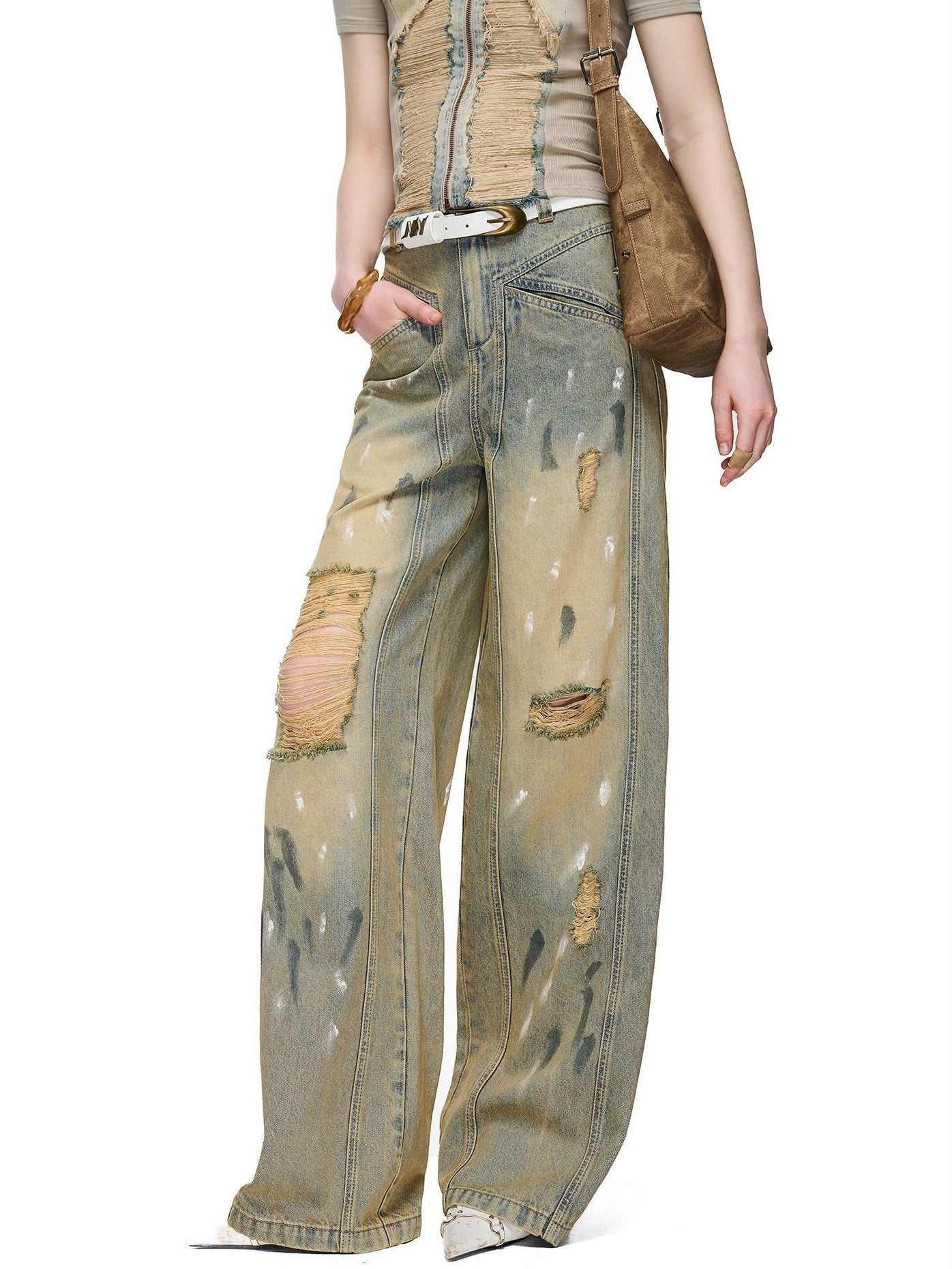 NORTH NODE Light Blue Washed Brushed Ripped Natural Waist Women&