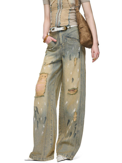 NORTH NODE Light Blue Washed Brushed Ripped Natural Waist Women&