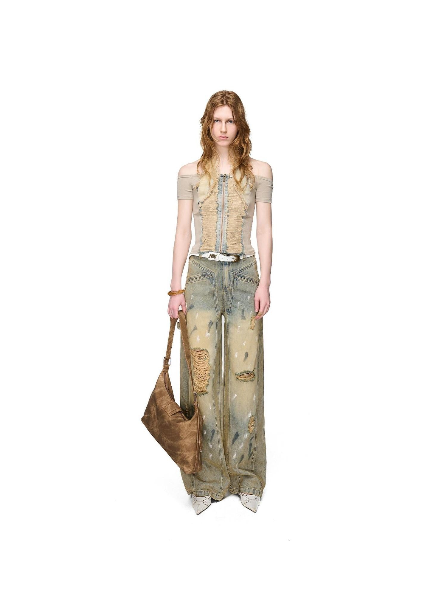 NORTH NODE Light Blue Washed Brushed Ripped Natural Waist Women&