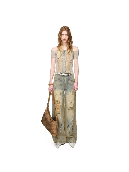 NORTH NODE Light Blue Washed Brushed Ripped Natural Waist Women&