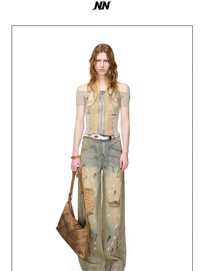 NORTH NODE Light Blue Washed Brushed Ripped Natural Waist Women&