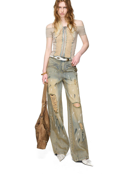 NORTH NODE Light Blue Washed Brushed Ripped Natural Waist Women&