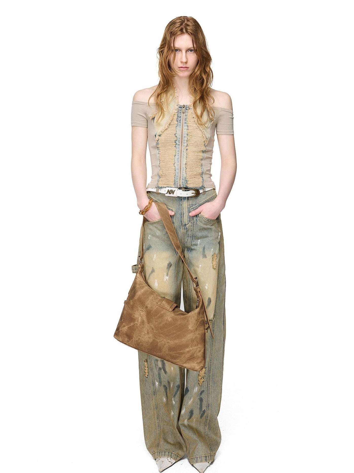 NORTH NODE Light Blue Washed Brushed Ripped Natural Waist Women&