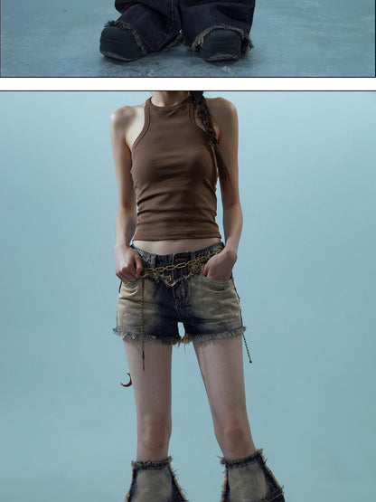 NORTH NODE Light Wash Distressed Aged Raw Frayed Hem Women&
