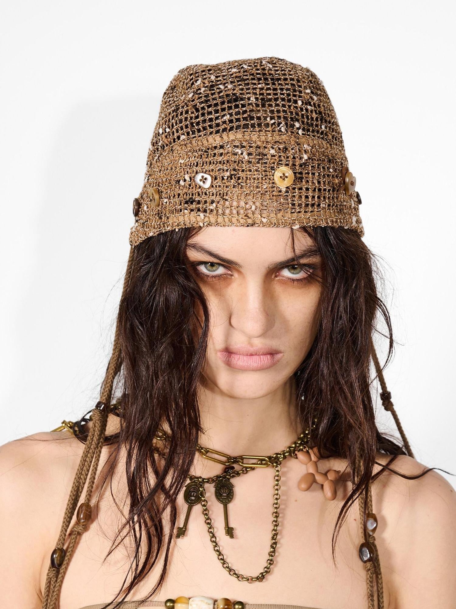NORTH NODE Mesh Beaded Handcrafted Button Turban Women&