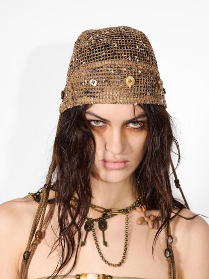 NORTH NODE Mesh Beaded Handcrafted Button Turban Women&