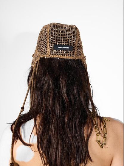 NORTH NODE Mesh Beaded Handcrafted Button Turban Women&