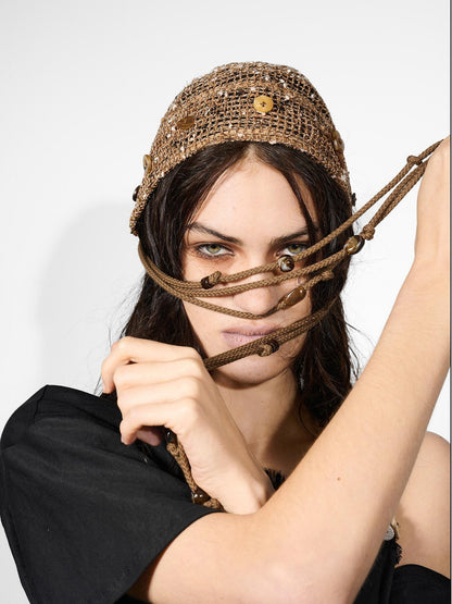 NORTH NODE Mesh Beaded Handcrafted Button Turban Women&