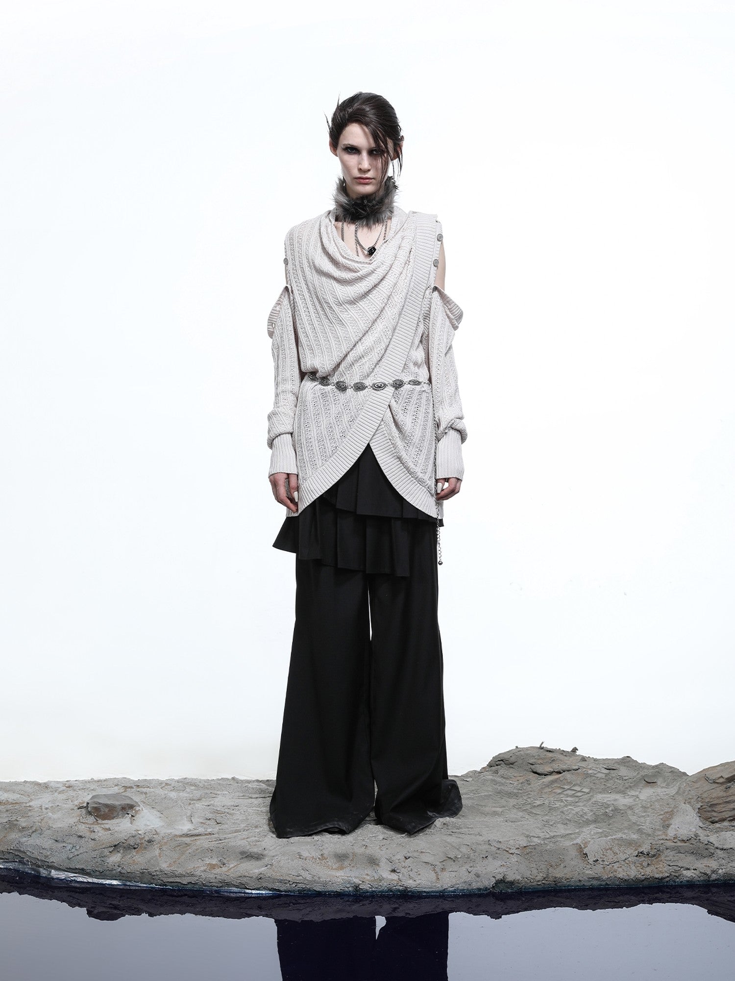 NORTH NODE Mesh Distressed Button Deconstructed Women&
