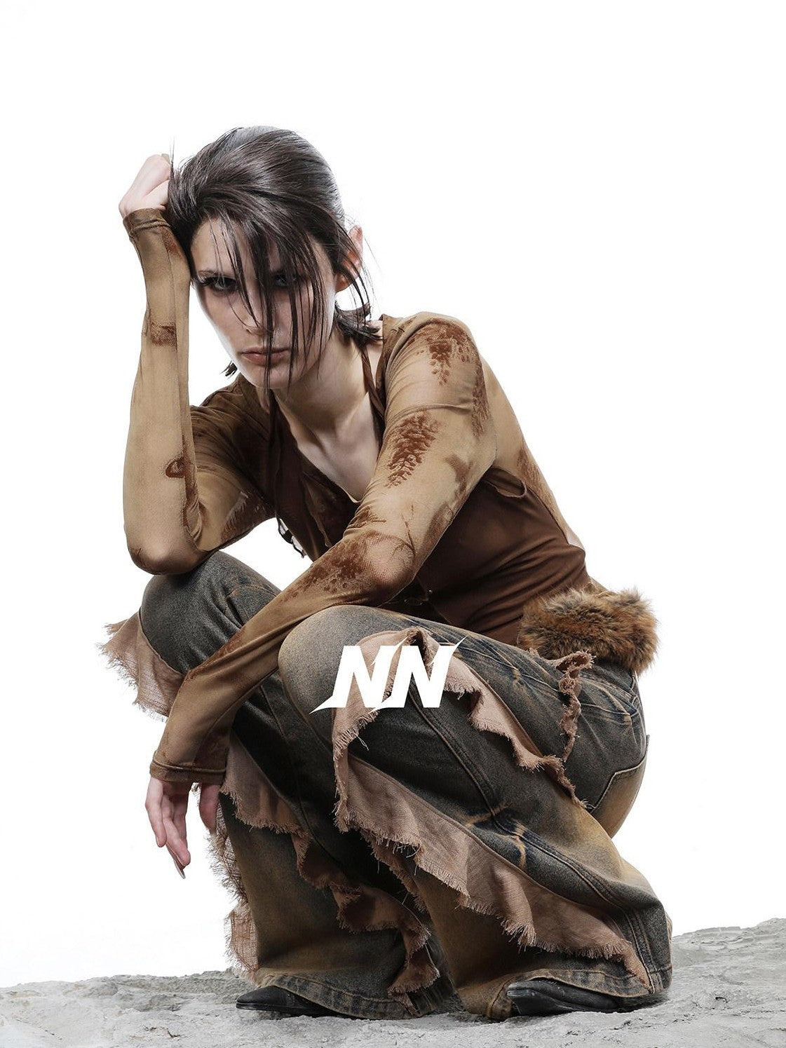 NORTH NODE Mesh Distressed Button Deconstructed Women&