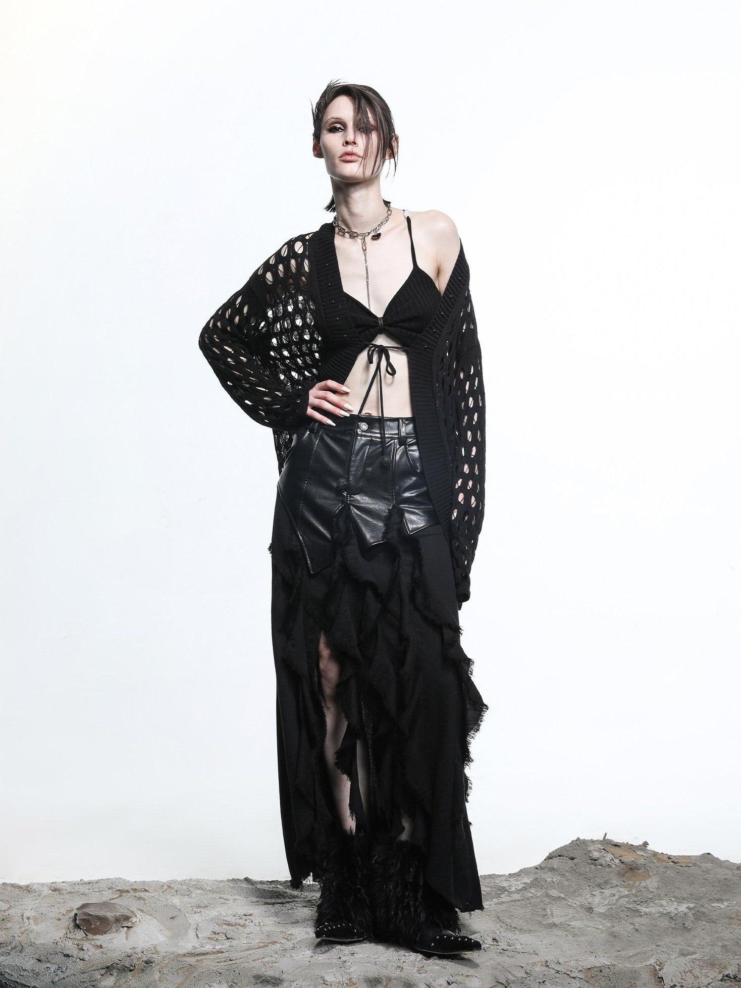 NORTH NODE Mesh Distressed Ruffle Patchwork Women&