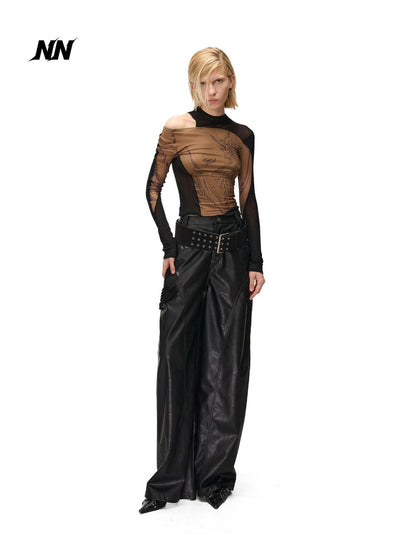 NORTH NODE Mesh Print Patchwork Half High Neck Women&