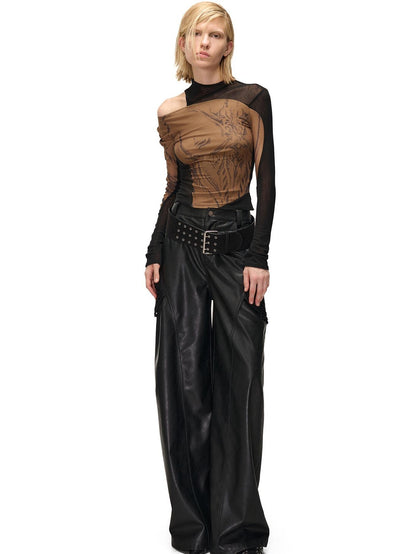 NORTH NODE Mesh Print Patchwork Half High Neck Women&