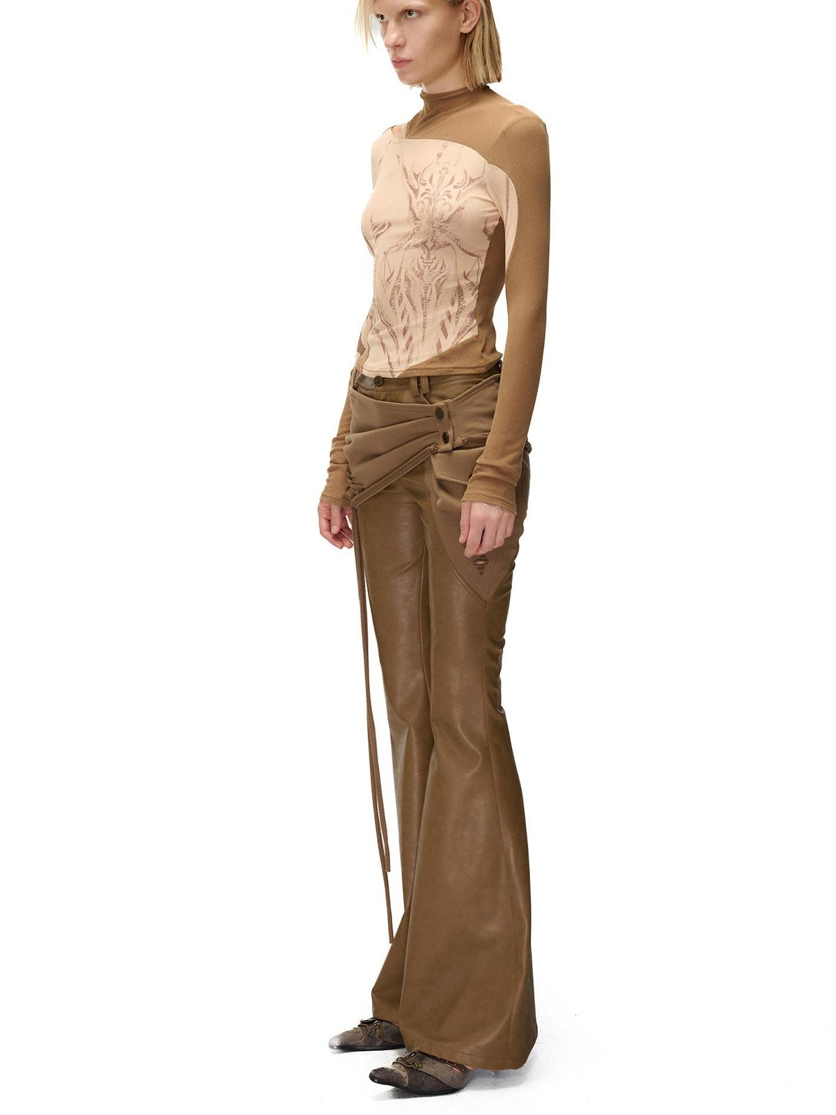 NORTH NODE Mesh Print Patchwork Half High Neck Women&