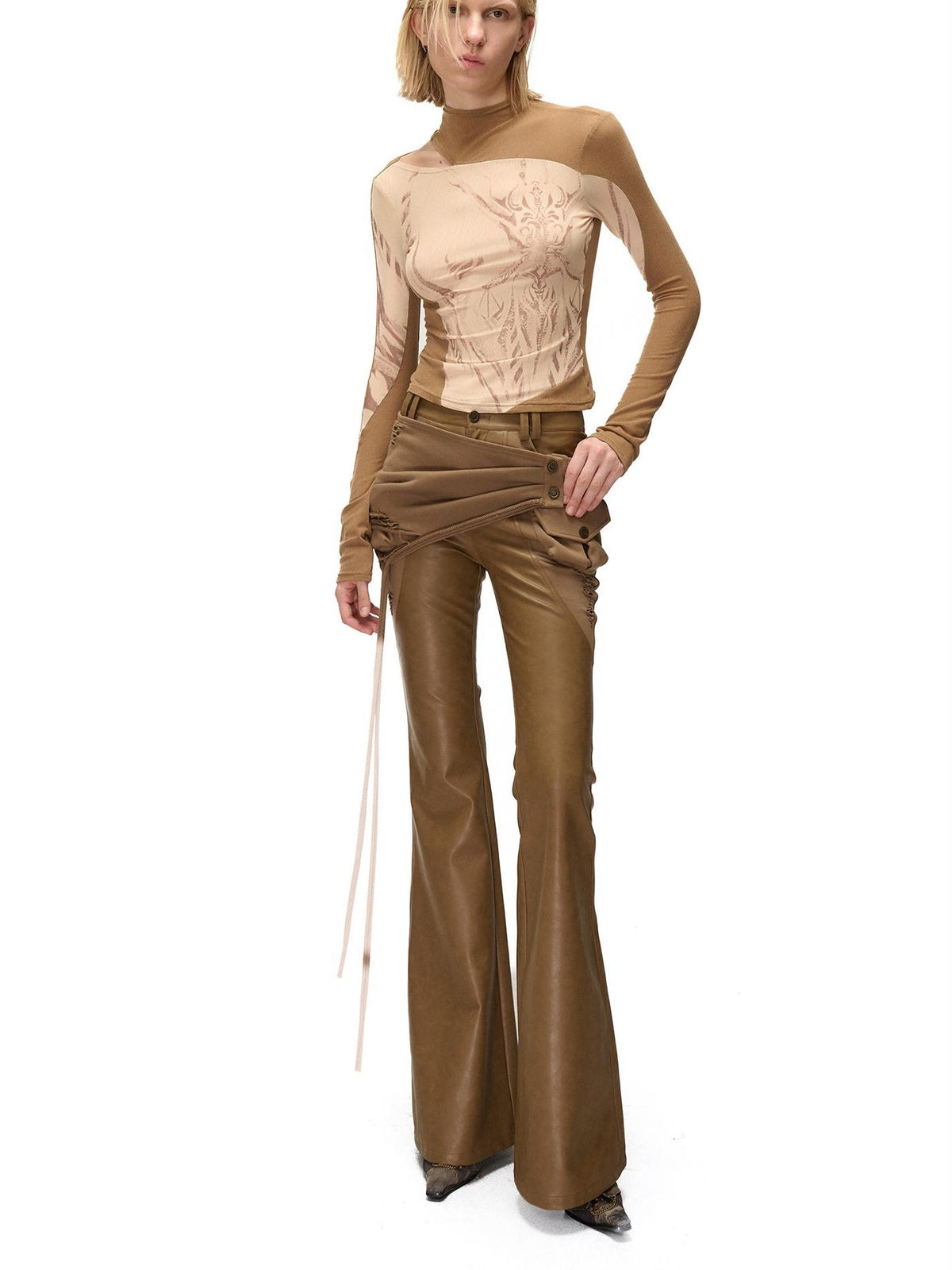 NORTH NODE Mesh Print Patchwork Half High Neck Women&