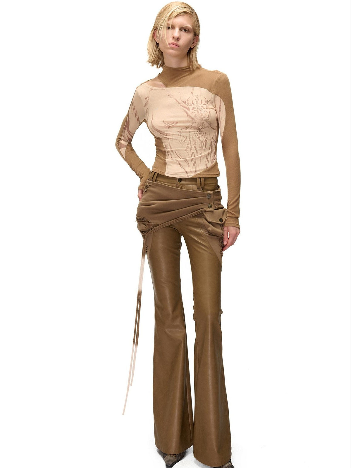 NORTH NODE Mesh Print Patchwork Half High Neck Women&