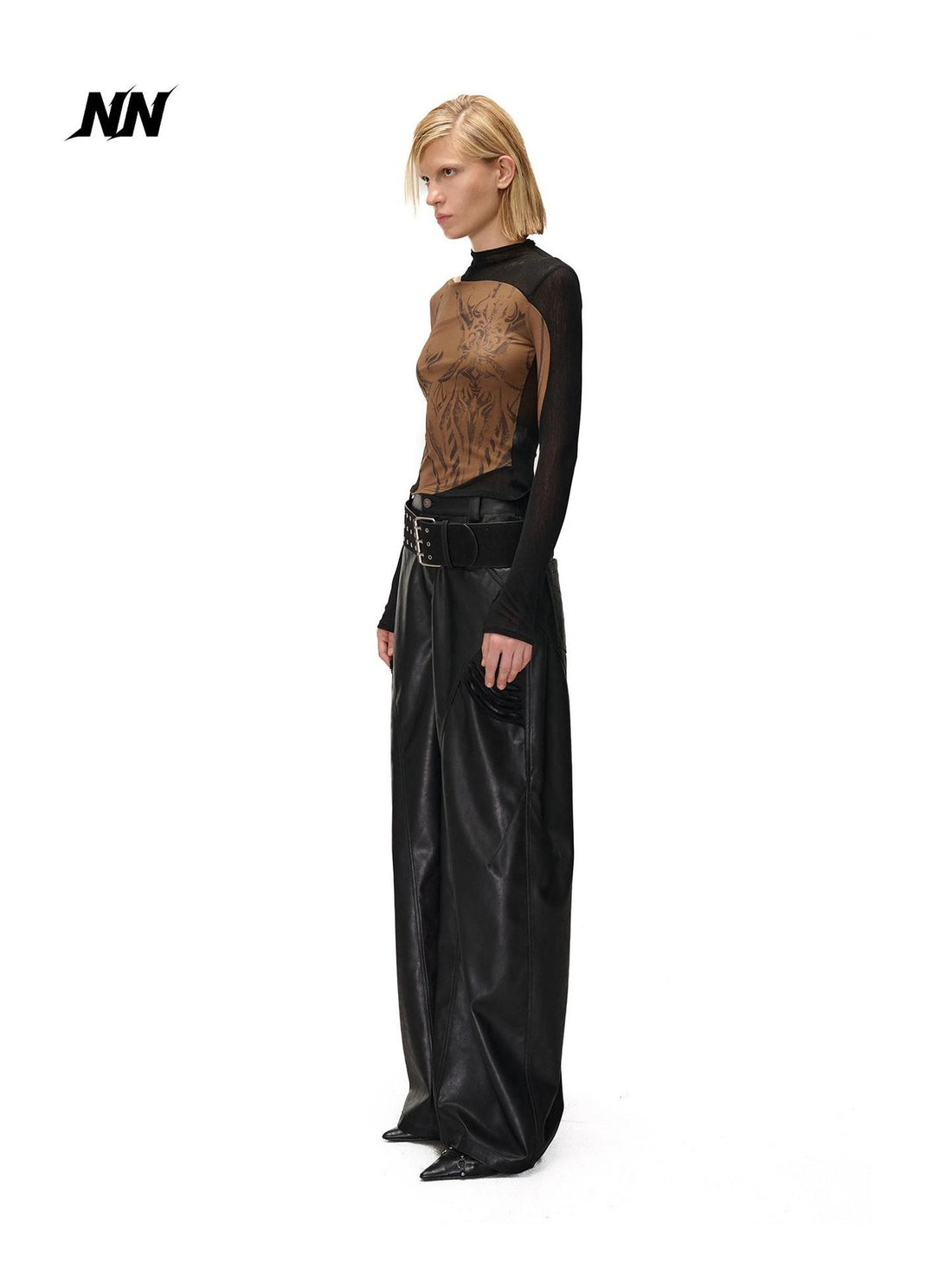 NORTH NODE Mesh Print Patchwork Half High Neck Women&