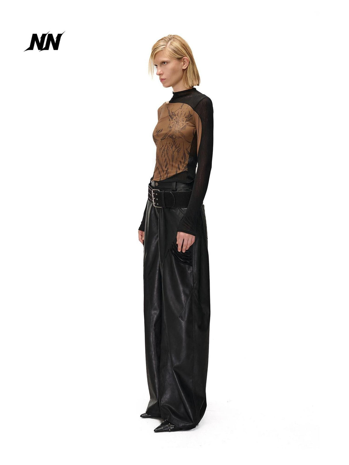 NORTH NODE Mesh Print Patchwork Half High Neck Women&