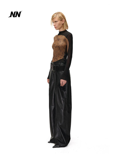 NORTH NODE Mesh Print Patchwork Half High Neck Women&