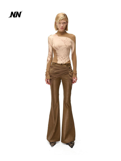 NORTH NODE Mesh Print Patchwork Half High Neck Women&