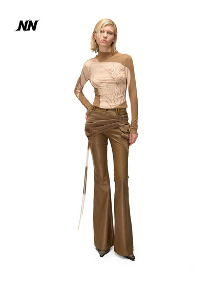 NORTH NODE Mesh Print Patchwork Half High Neck Women&