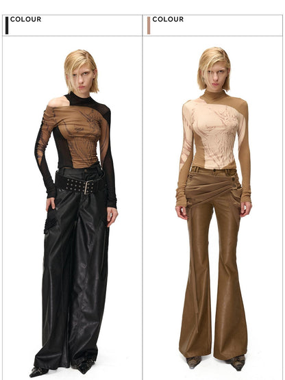 NORTH NODE Mesh Print Patchwork Half High Neck Women&