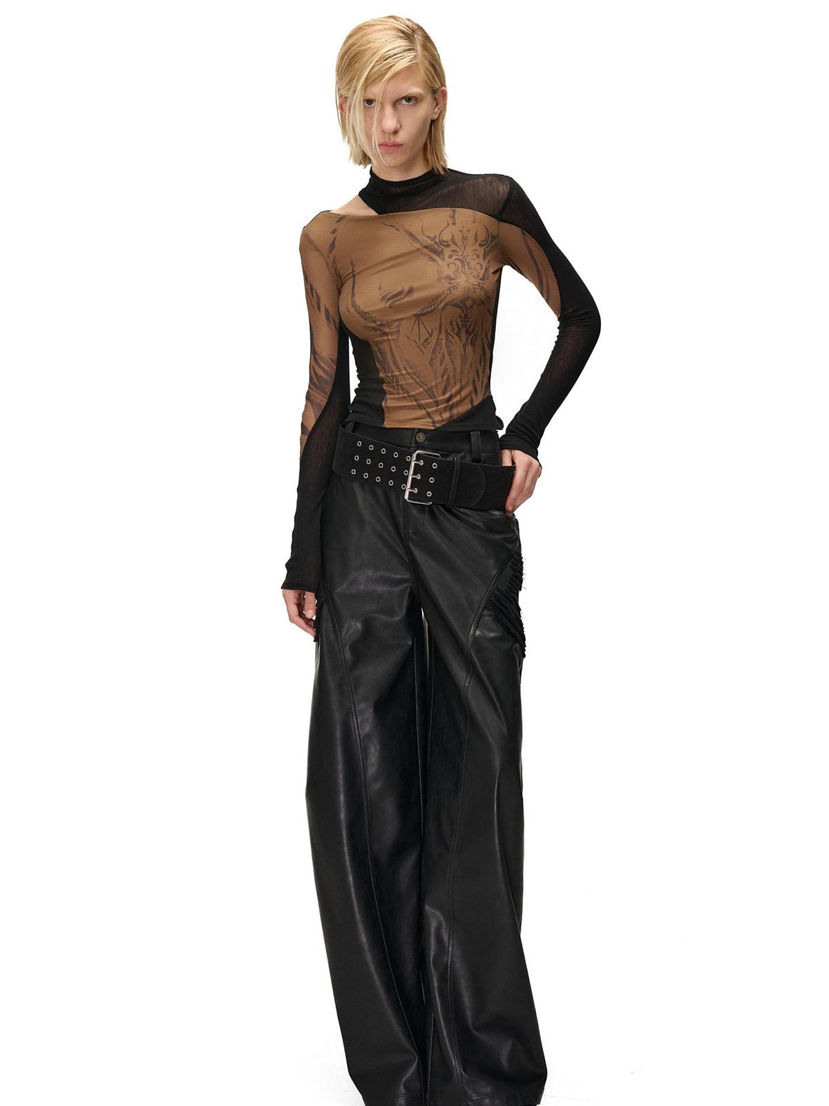 NORTH NODE Mesh Print Patchwork Half High Neck Women&