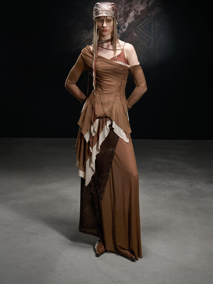 NORTH NODE Mesh Splice Asymmetric Off Shoulder Women&