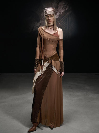 NORTH NODE Mesh Splice Asymmetric Off Shoulder Women&