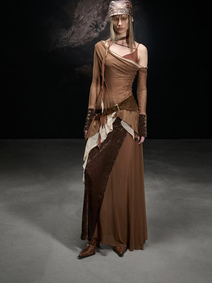 NORTH NODE Mesh Splice Asymmetric Off Shoulder Women&