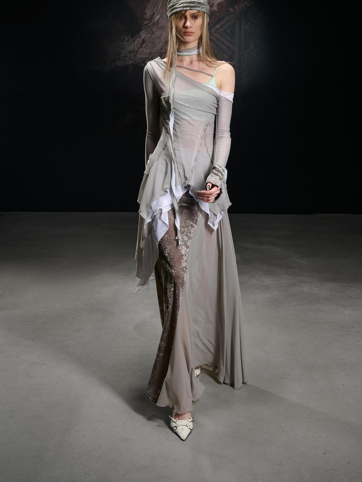 NORTH NODE Mesh Splice Asymmetric Off Shoulder Women&