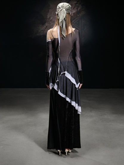 NORTH NODE Mesh Splice Asymmetric Off Shoulder Women&