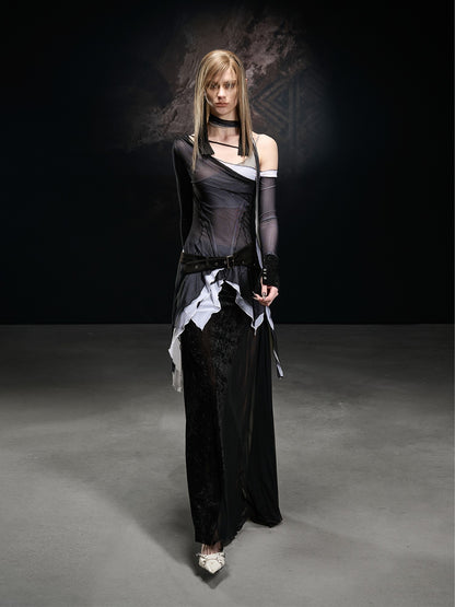 NORTH NODE Mesh Splice Asymmetric Off Shoulder Women&