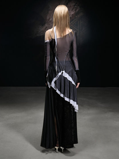 NORTH NODE Mesh Splice Asymmetric Off Shoulder Women&