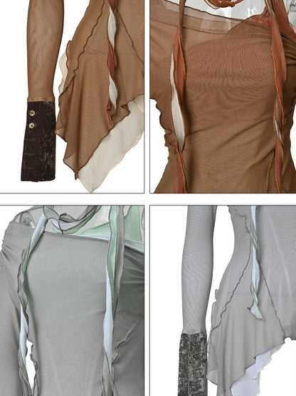 NORTH NODE Mesh Splice Asymmetric Off Shoulder Women&