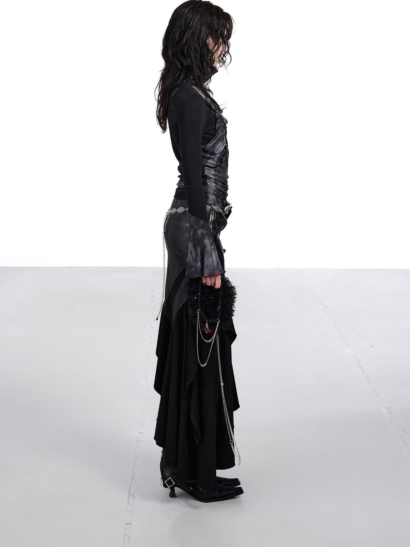 NORTH NODE Mesh Splice Beaded Print High Neck Women&
