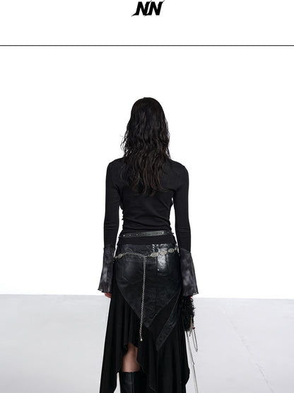 NORTH NODE Mesh Splice Beaded Print High Neck Women&