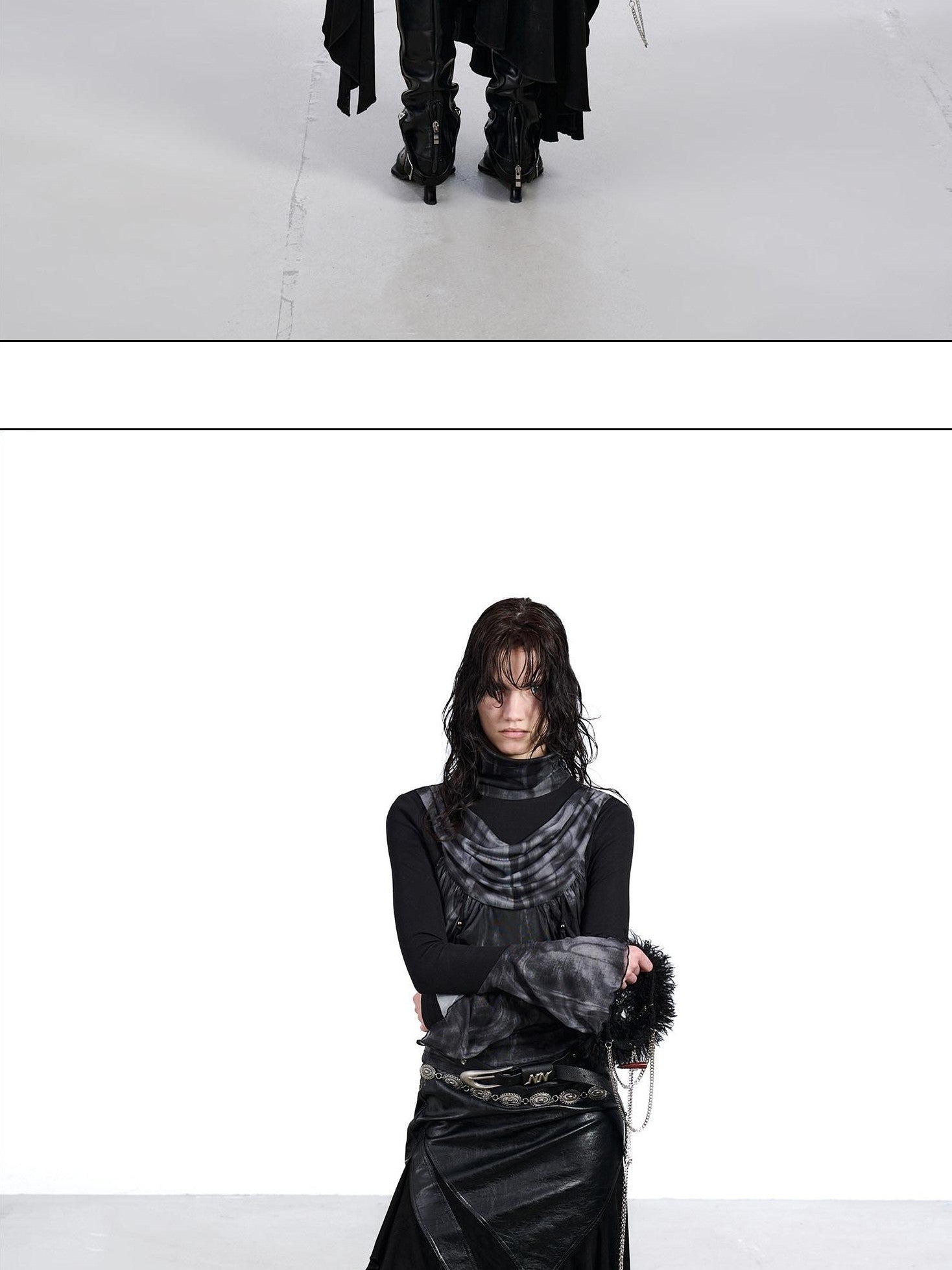 NORTH NODE Mesh Splice Beaded Print High Neck Women&