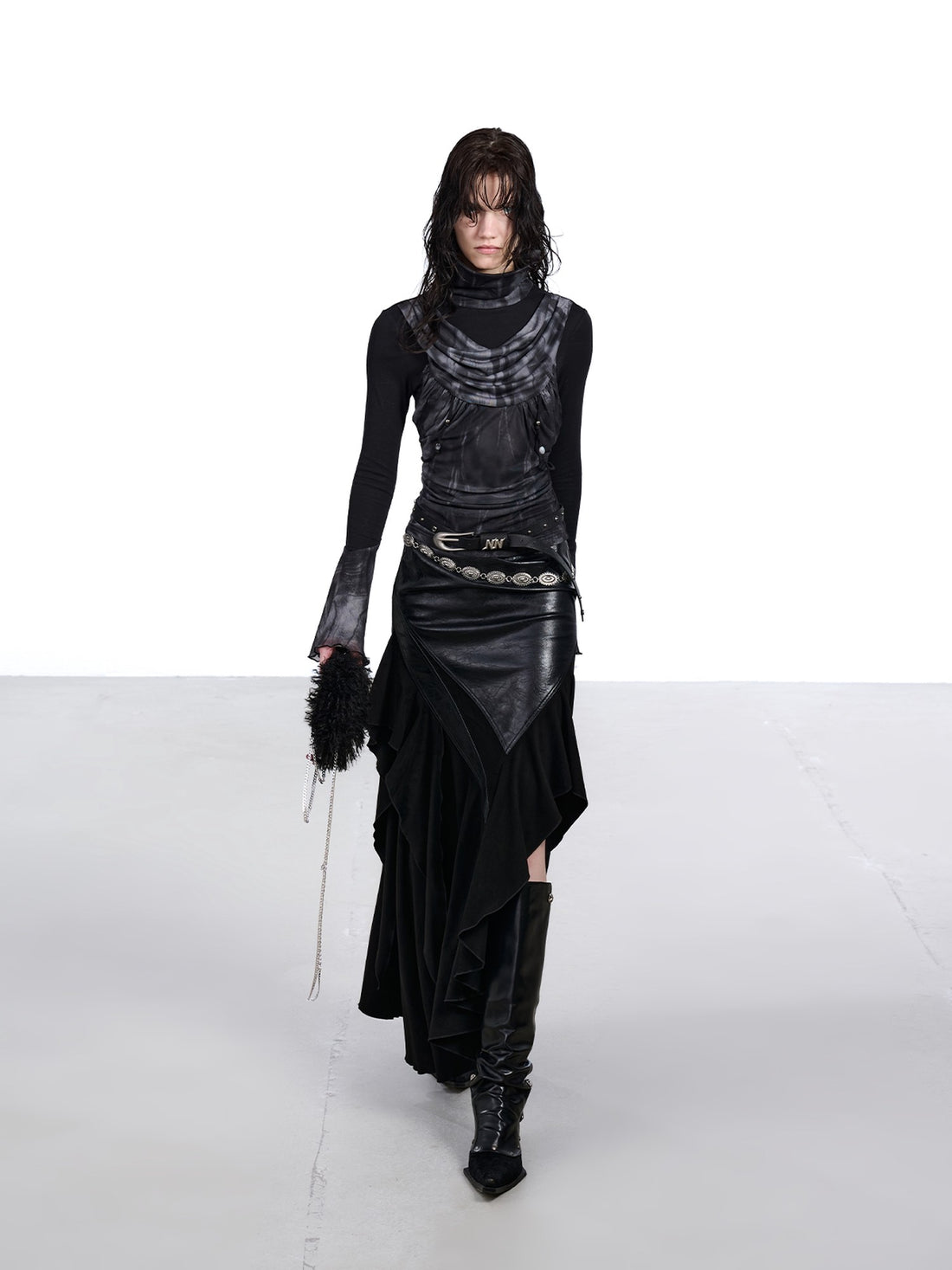 NORTH NODE Mesh Splice Beaded Print High Neck Women&