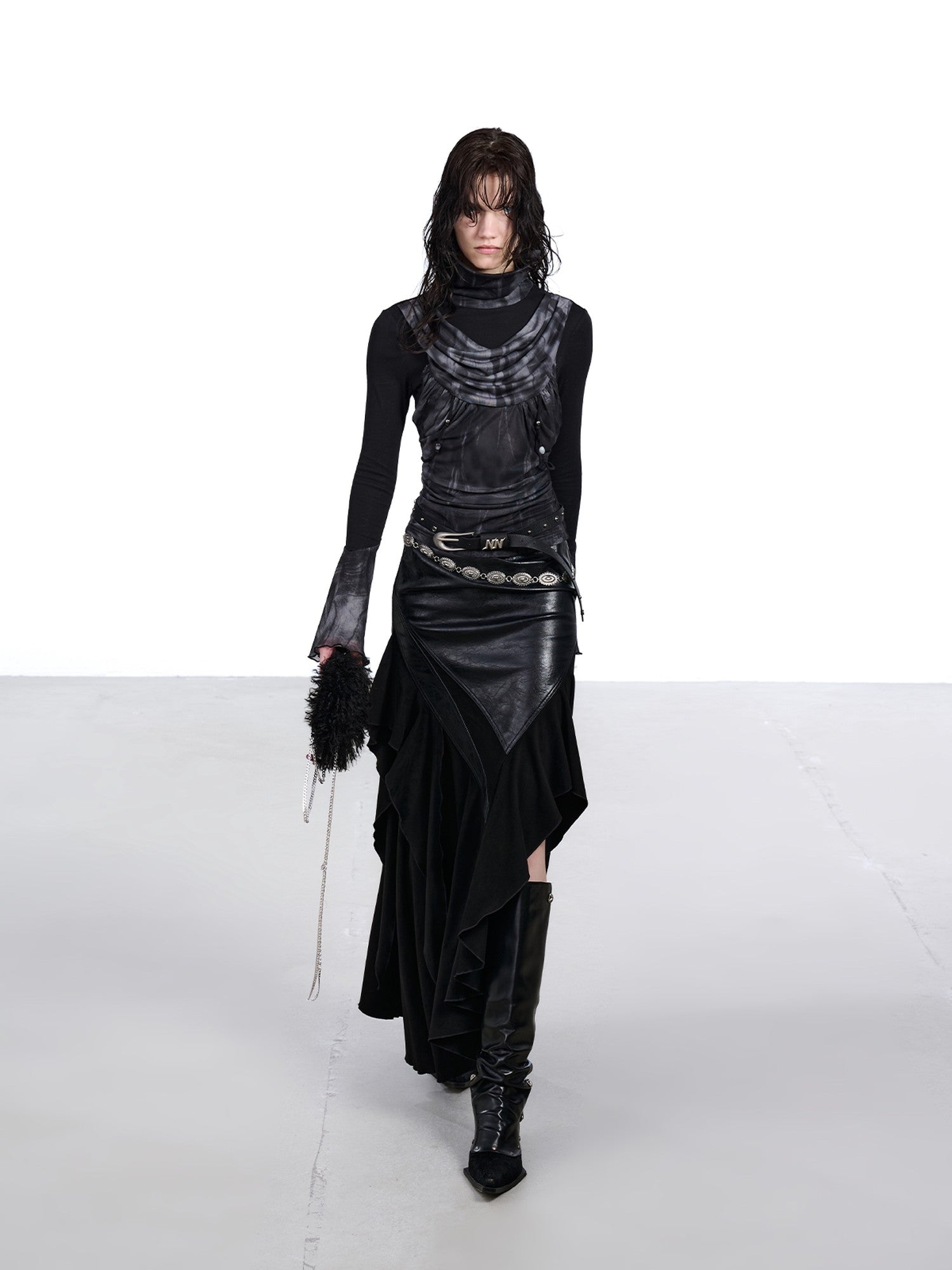 NORTH NODE Mesh Splice Beaded Print High Neck Women&