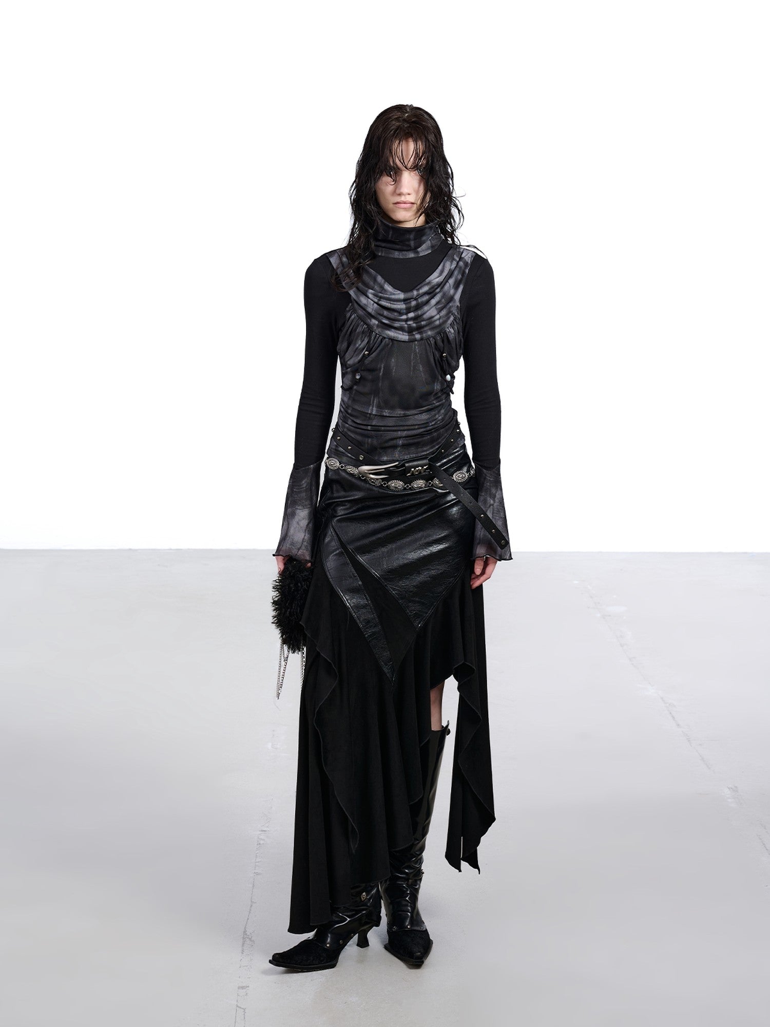 NORTH NODE Mesh Splice Beaded Print High Neck Women&