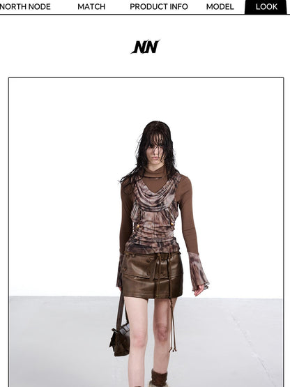 NORTH NODE Mesh Splice Beaded Print High Neck Women&