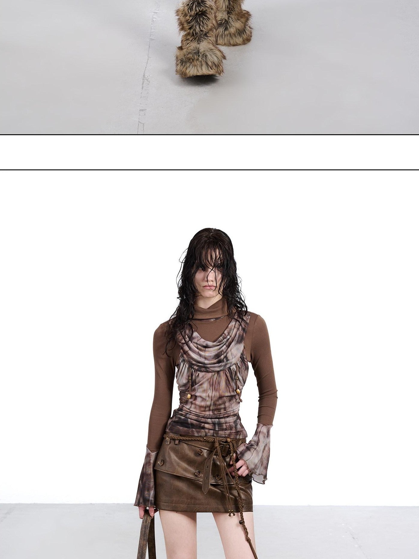 NORTH NODE Mesh Splice Beaded Print High Neck Women&