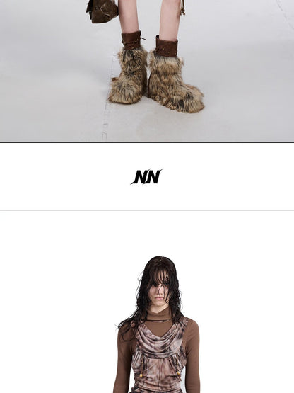 NORTH NODE Mesh Splice Beaded Print High Neck Women&