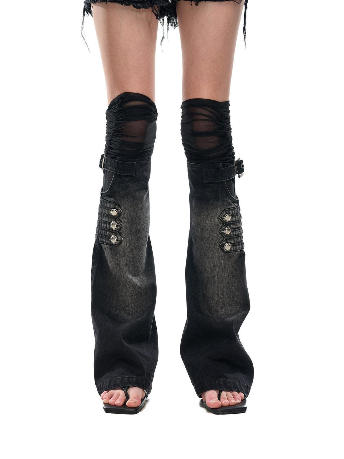 NORTH NODE Mesh Splice Washed Denim Micro Flare Women&