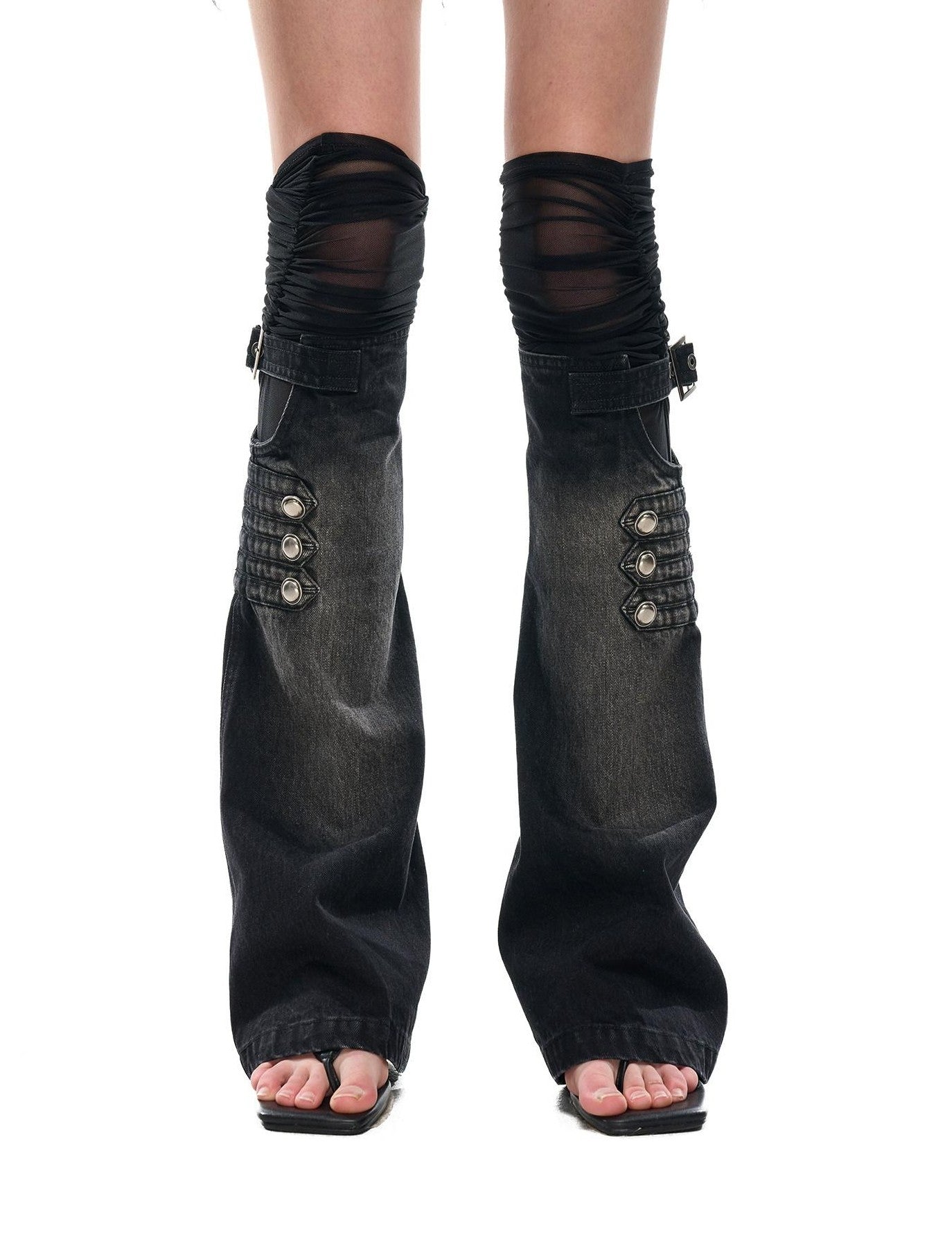 NORTH NODE Mesh Splice Washed Denim Micro Flare Women&